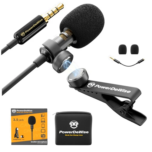 PowerDeWise Professional Grade Lavalier Clip On Microphone - Lav Mic for Camera Phone iPhone GoPro Video Recording ASMR - Small Noise Cancelling 3.5mm Tiny Shirt Microphone with Easy Clip On System