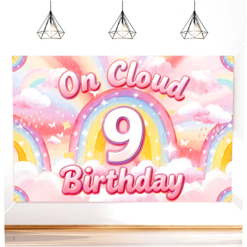 Generic On Cloud 9 Birthday Decorations for Girls, Cloud 9th Birthday Backdrop Banner, Pastel Happy Birthday Banner, 9th Birthday Decorations for Girls, 9 Year Old Girl Birthday Decorations