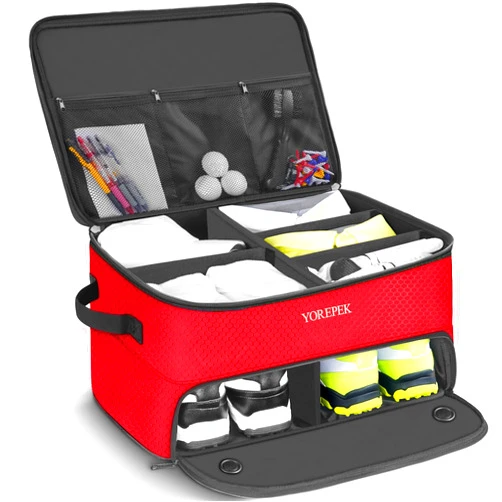YOREPEK 2 Layer Golf Trunk Organizer, Waterproof Car Golf Locker with Separate Ventilated Compartment for 2 Pair Shoes, Golf Trunk Storage for Balls, Tees, Clothes, Gloves, Accessories, Golf Gifts