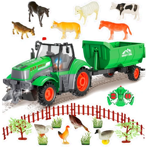 FIIOEOY Remote Control Tractor Toy, 25pcs Farm Toys 16.8 Inches RC Tractor with Trailer, Farm Animal Toys, Farm Vehicle Toy Tractor Toy for 3-7 Year Old Boys Kids Birthday Gift