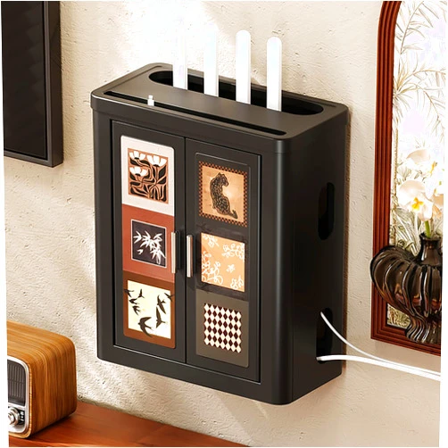 VOLDAX Router Storage Box WiFi Router Storage Cabinet, Router Power Strip and Cable Management Hider Organizer, for Organized Home or Office