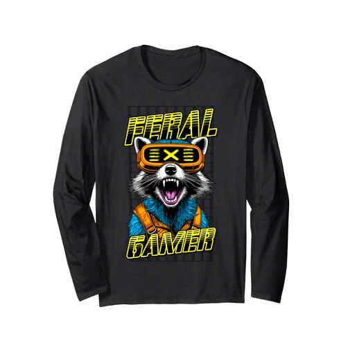 Grandio Design Funny Gamer Geek & Gaming Gifts Feral Gamer Funny Raccoon Cyberpunk VR Gaming Wild Animal Long Sleeve T-Shirt
