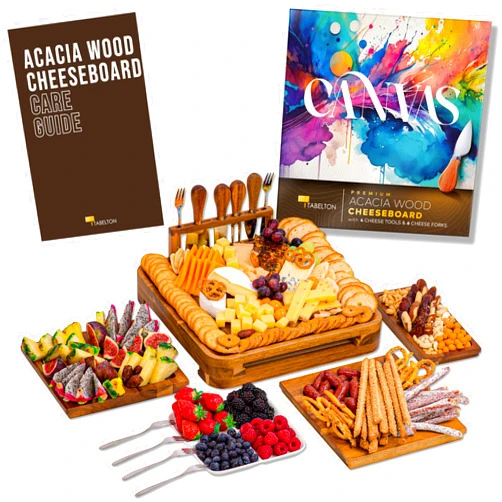 TABELTON Charcuterie Board Set - Large Premium Acacia Cheese Boards Gift Set with 3 Serving Tray and 1 Ceramic Serving Platter and Charcuterie Accessories - Perfect as House Warming Gifts New Home