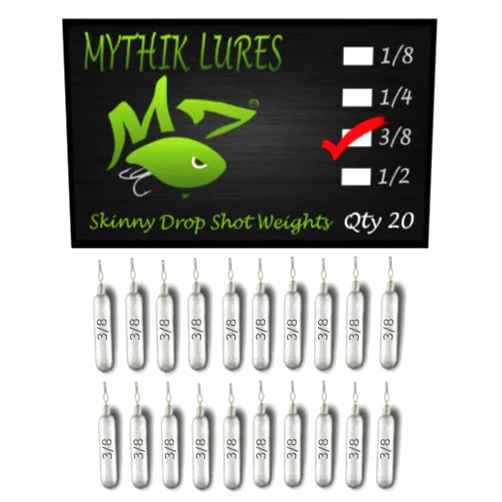 Mythik Lures 20 Pack - Skinny Lead Drop Shot Fishing Weights Sinkers Multiple Sizes 1/8 1/4 3/8 1/2 3/4 1 for Bass Trout Crappie Catfish