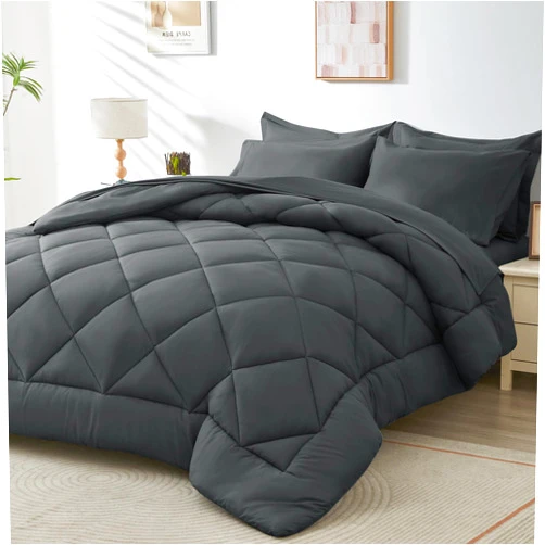 HEVUMYI 7 Pieces Queen Comforter Set, All Season Reversible Bed in a Bag Queen, Ultra Soft Queen Bedding Set with Grey Comforter, Flat Sheet, Fitted Sheet, Pillowcases, Pillow Shams, Dark Grey