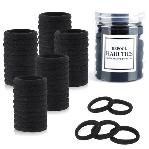 BBPOOL 50PCS Black Cotton Seamless Hair Ties for Women and Girls - Soft, Stretchy Ponytail Holders, No Damage Elastics for Thick, Heavy & Curly Hair
