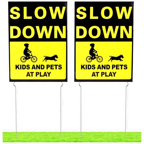 Kichwit 2 Pack Double Sided Slow Down Kids and Pets at Play Yard Signs with Metal Stakes, Sign Measures 11.8 x 15.7 Inches