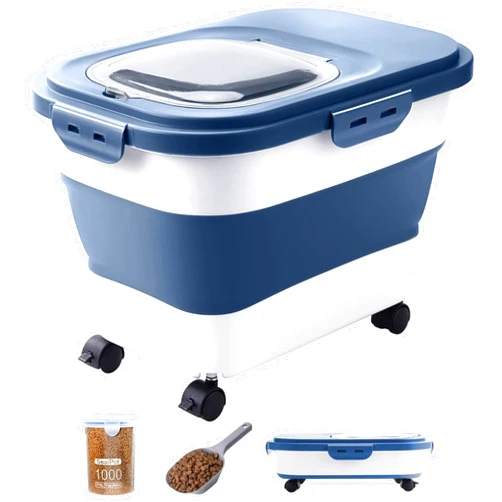 DDMOMMY 20-23 Lbs Dog Food Storage Container - Collapsible Dog Food Container with Wheels Airtight Lids, Scoop and Small Container, Pet Food Storage Dry Food For Dog, Cats and Other Pet (Blue)