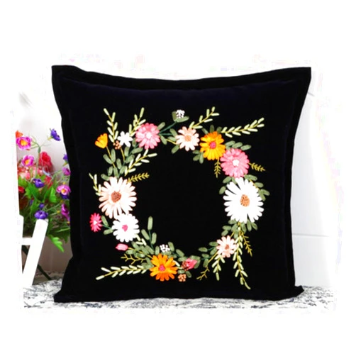 Egoshop Ribbon Embroidery Pillow Case Kit Golden Time with Hoop DIY Kit Not Include Inner Golden Time
