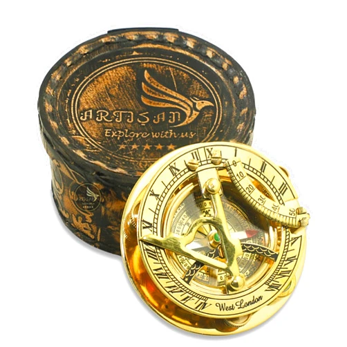 ARTISAN explore with us Sailor Brass Nautical - Sundial Compass with Intricate Detailing Comes in an Top Grain Leather Case - Premium Sundial Compass
