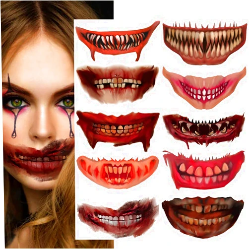 CMJSGG Halloween Big Mouth Temporary Tattoos 10 PCS Horror Clown Mouth Face Tattoos Scary Mouth Tattoo Stickers Prank Props Makeup Decals for Halloween Party Cosplay Costume Decoration, black red