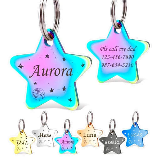 Anavia Small Size Dog Cat ID Tags, Small/XS Personalized Color Plated Stainless Steel Puppy Kitten Name Tags, Customized Engraved Nameplate Pet Collar Tag (Rainbow, Star)