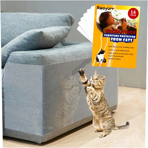 Rwoyurr Anti Cat Scratch Furniture Protectors, 16 Pack Single Side Thick Couch Sofa Protector from Cats Claws, Self-Adhesive Cat Tape Clear Cat Scratch Scratching Deterrent Guard Shield for Furniture
