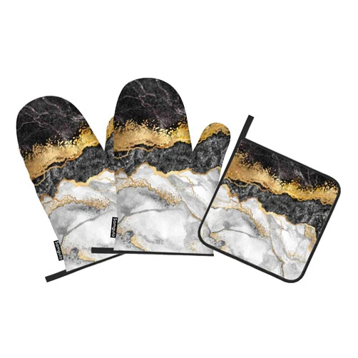 Samgula Black Grey Marble Oven Mitts and Pot Holders Sets Luxury Golden Texture Heat Resistant 3pcs for Cooking Baking BBQ