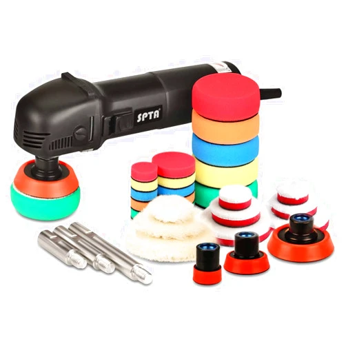 SPTA Mini Polishing Machine Buffer Rotary Polisher Auto Detailing Superpolish with 27Pcs Detail Polishing Pad Mix Size Kit Buffing Pad and 75mm ,100mm,140mm M14 Thread Extension shaft