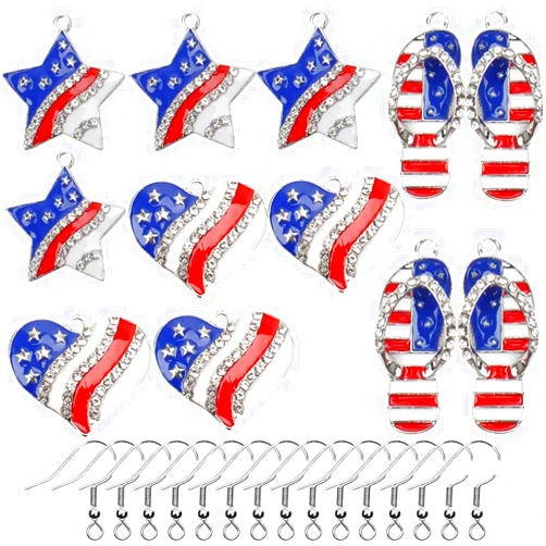 FUUSGX 12 Pcs American Flag Charms 4th of July Flag Dangle Star & Flop Sandal Heart& Charm Pendant Red White Blue American USA Flag DIY Charm Jewelry