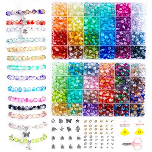 REVKI 1300PCS 8mm Mixed Crackle Glass Beads for Bracelets Making with Accessories, 48 Colors Crystal Glass Beads Jewelry Making Kit, Round Beads for DIY Bracelet Crafts