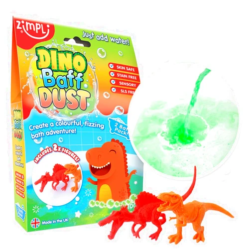 Zimpli Kids Dino Baff Dust 2 Bath Pack and 2 x Dinosaur Figures from Zimpli Kids, Magical Bubble Bath Bomb Soak Powder for Children, Bubble Spa Bath Gift for Kids, Dinosaur Gifts for Boys, Bath Toy, Non-Toxic