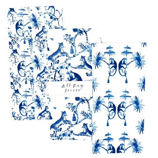 All Day Soirée Chinoiserie Designer Kitchen Tea Towels 3 Pack 100% Absorbent Cotton Tiger Monkey Floral Hand Towel Large Dish Cloth Set Blue White
