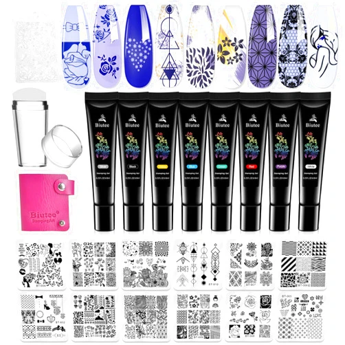 Biutee Nail Stamper Kit Nail Art Stamping Plate Set Stamping Nail Polish Gel Stamp Plate Jelly Silicone Stamper Scraper Flower Lace Line kiss Stencil Template Tool Supplies for Holiday (Storage Bag)