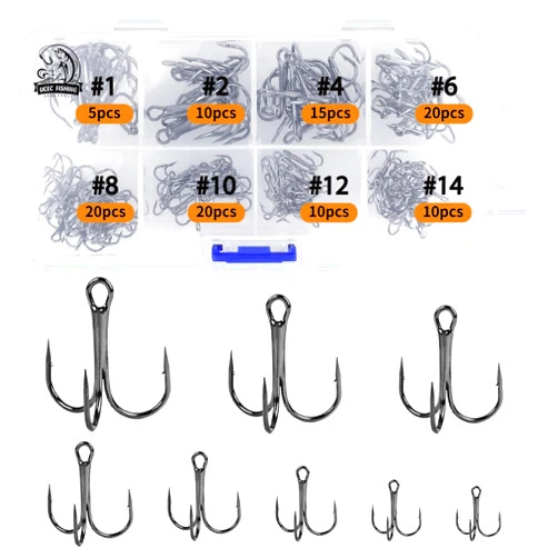 UCEC Fishing Hooks Treble Hooks Kit for Saltwater Freshwater, High Carbon Steel Hooks Strong Sharp Round Bend for Catfish Trout Hard Baits Lures Fishing, Size #1#2#4#6#8#10#12#14 110pcs/ 50pcs