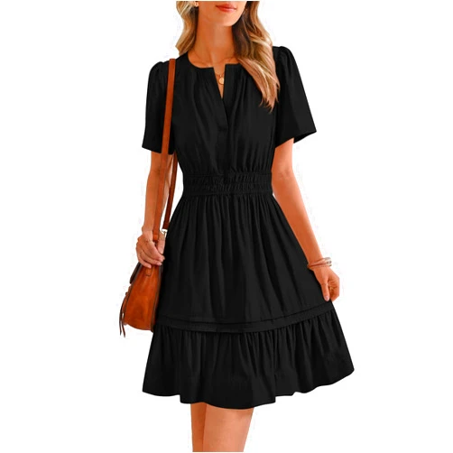 BTFBM Women's Casual Dresses 2026 Summer Spring V Neck Short Sleeve Sundress Smocked Waist A Line Tiered Mini Dress