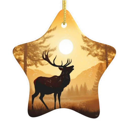 BAFAFA Elk Artwork Printed Christmas Ornament Star Shape Ornament Ceramic Gift Ornament Porcelain Christmas Tree Ornament Decorations