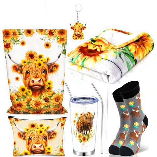 Tiangrid 6 Pcs Sunflower Highland Cow Gifts for Women Include 20 oz Highland Cow Stainless Steel Tumbler with Lid Straw Cosmetic Bag Throw Blanket Keychain Socks Handbag for Highland Cow Lover