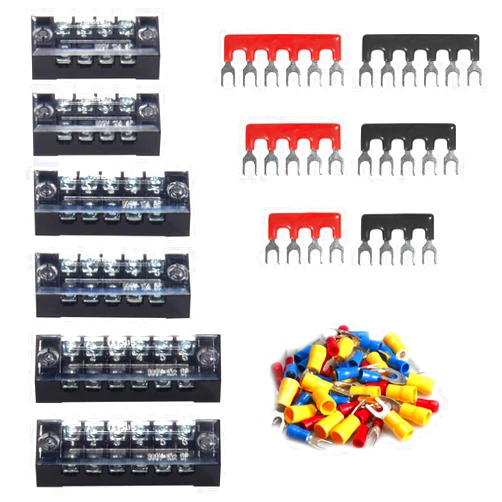 MILAPEAK Terminal Block and Strip - 6 Sets 4/5/6 Positions 600V 15A Dual Row Wire Screw Terminal Strip with Cover + Pre-Insulated Terminals Barrier Strips Jumpers and Insulated Fork Wire Connectors