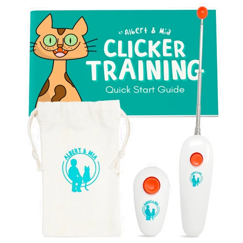 ALBERT & MIA Cat Training Kit (4 Pieces) - Quiet Clicker + Target Stick Clicker + Treats Pouch + Cat Clicker Trainer Start Guide (Beginner to Expert Pet Trainer) - Kitten & Dog Training Clicker Kit