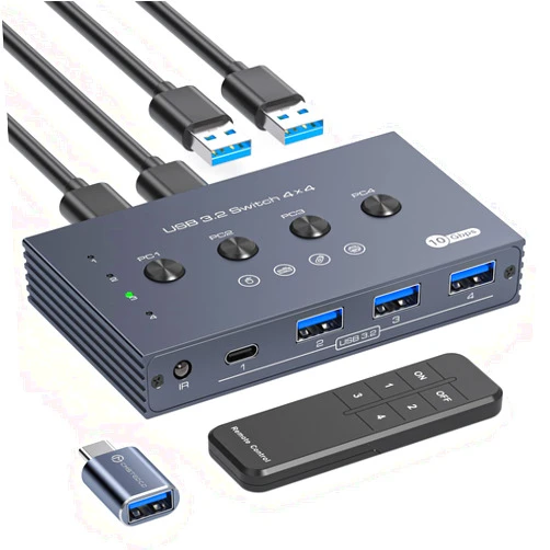TJCXELE USB 3.2 Switch Selector 4 Computers Share 1 USBC & 3 USBA Devices 10Gbps 4 Port USB Switcher Sharing Keyboard Mouse Printer Scanner with Cable and Remote Control and a dapter