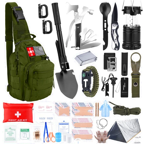 Dlmd Survival Kit, Gifts for Christmas Men, Women, 251pcs Emergency Survival Gear and Supplies Equipment, First Aid Kit with Crossbody Bag, Camping Essentials for Earthquake, Hiking, Outdoor Adventure