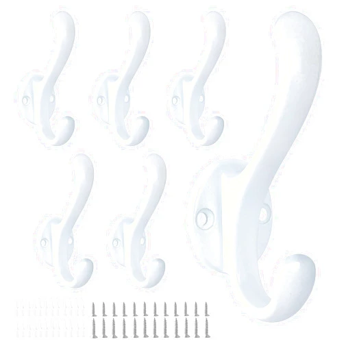 PEOIAOY 6 Pack Coat Hooks Wall Mount Heavy Duty Utility Retro Double Hooks for Hanging Coats,Hat, Towel, Key, Robe, Scarf, Bag, Cap (White)