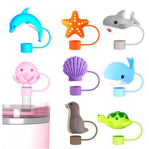 SPOVE 8pcs Sea Animal Cute Straw Cover Cap for Stanley Cup, Silicone Straw Topper for 30&40 Oz Stanley Tumbler with Handle,10mm 0.4in Reusable Straw Tips Lids Dust-Proof Topper for Water Bottle