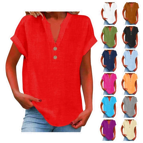 Droeadgor Womens Cotton Linen Shirts Summer Casual Loose Fit Comfy Business Blouses V Neck Button Down Short Sleeve Tops