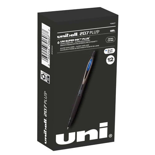uni-ball 207 Plus+ Retractable Rollerball Gel Pens 12 Pack in Blue with 0.5mm Micro Point Pen Tips - Uni-Super Ink+ is Smooth, Vibrant, and Protects Against Water, Fading, and Fraud