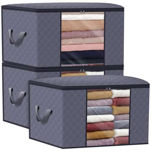 WiseLife Clothes Storage Bags 100L [3 Pack ], Large Capacity Blanket Storage Containers Organizers for Comforters,Bedding,Clothing,Foldable 3 Layer Fabric,Sturdy Zippers,Clear Window,Grey