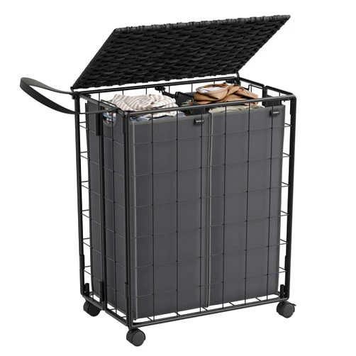 SONGMICS Laundry Hamper, 110L Laundry Basket with Lid, Clothes Hamper with Wheels, Collapsible Removable Liner Bag, Iron-Made Laundry Sorter, Ink Black and Slate Gray ULCB211B11
