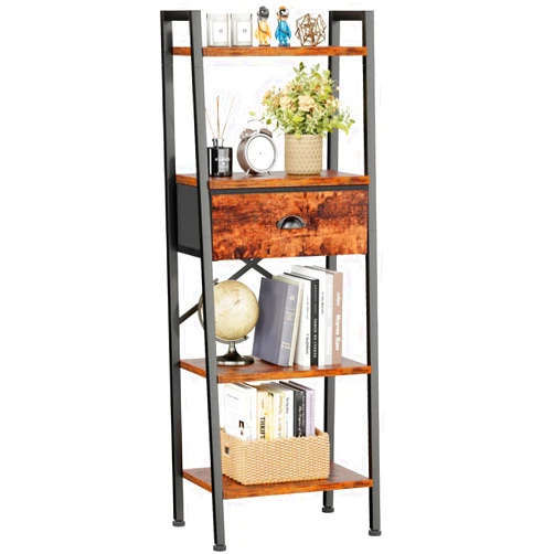 Furologee 4 Tier Ladder Shelf, Narrow Ladder Book Shelf with Drawer, Modern Bookcase Freestanding Shelf Units, Storage Shelves Organizer for Bedroom, Living Room, Bathroom, Home Office, Rustic Brown