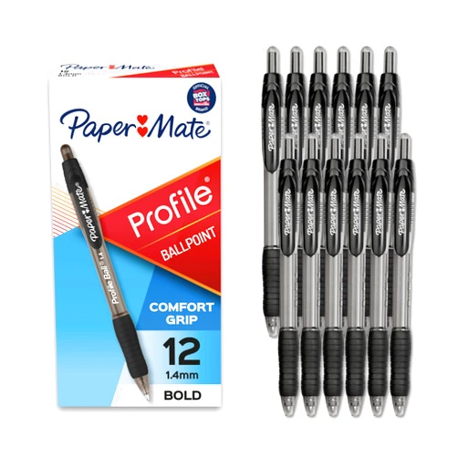 Paper Mate Profile Retractable Ballpoint Pens, Bold Point (1.4mm), Black, 12 Count