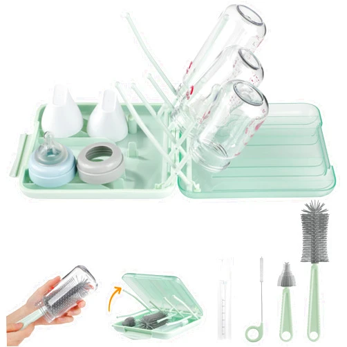YomauiYee Bottle Brush Set -Baby Travel Essential-6 in 1 Bottle Cleaner Kit with Silicone Bottle Brush,Nipple Cleaner Brush,Straw Brush,Soap Dispenser,Storage Box,Bottle Drying Rack for Home and Travel(Green)