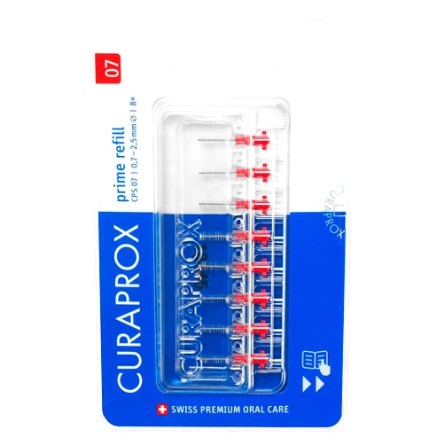 Curaprox CPS 07 Prime Refill Pack Interdental Brushes, 0.7mm to 2.5mm, Red (8 Pack)