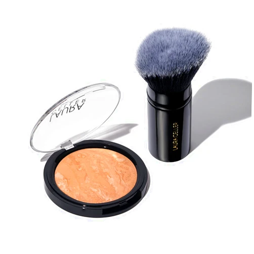 LAURA GELLER NEW YORK Get Glowing! Baked Balance-N-Glow Illuminating Foundation, Golden Medium & Retractable Kabuki Brush for Liquid, Cream, and Powder Face Makeup, Black Aluminum Handle