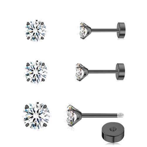 FACOKO 3 Pairs Flat Back Earrings for Women, Titanium CZ Stud Flat Screw Back, Hypoallergenic Cartilage Flatback, Tragus Helix Tragus Conch Piercing(3mm/4mm/5mm Gold/Pink/Silver/Black White CZ)