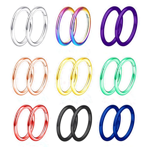 Longbeauty 9pcs Nose Ring Hoops Septum Hinged Clicker Nose Rings 16G Black/Silver/Gold/Rose Gold/Pink/Blue/Green/Rainbow/Purple Cartilage Conch Helix Rook Hoop Earrings Piercing Jewelry