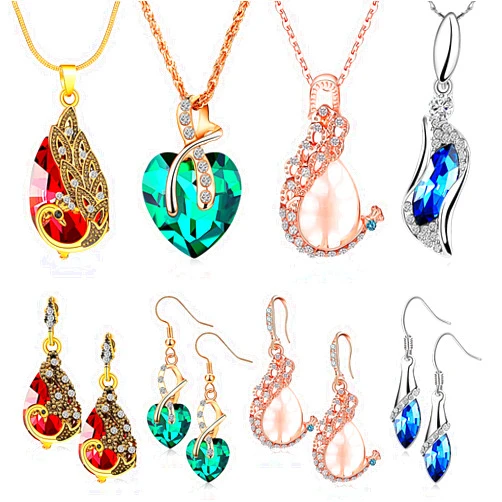 MTLEE 4 Set Peacock Jewelry Sets for Women Crystal Necklace Earrings Rhinestone Waterdrop Pendant Heart Charm Hook Earrings Indian Jewelry Set for Mother's Day Valentine's Day Gifts Lover Ladies