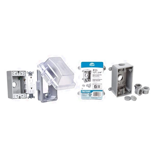 TAYMAC MKG420CS Nonmetallic Extra Duty Complete in-Use Cover 15 Amp WRTR Self Test GFCI Kit & BELL PSB37550GY Single-Gang Weatherproof Three 1/2 in. or 3/4 in. Threaded Outlets, 2 in, Gray