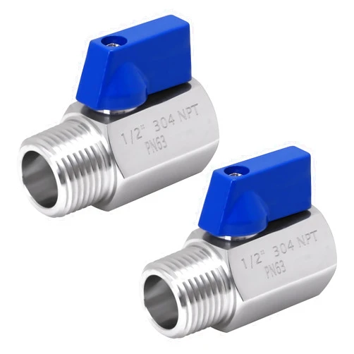 DERNORD 1/2 Inch Mini Ball Valve Stainless Steel Female x Male NPT Thread Shut-off Valve with Blue Handle (Pack of 2)
