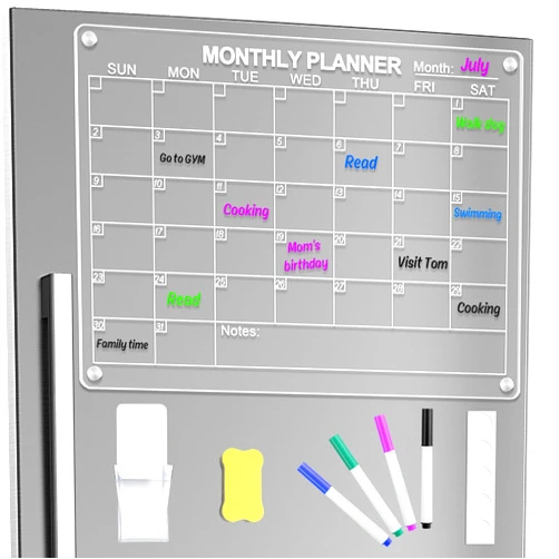 Jibeufi Acrylic Magnetic Monthly and Weekly Calendar for Fridge, Reusable Clear 2 Set Dry Erase Board Calendar for Refrigerator, 16