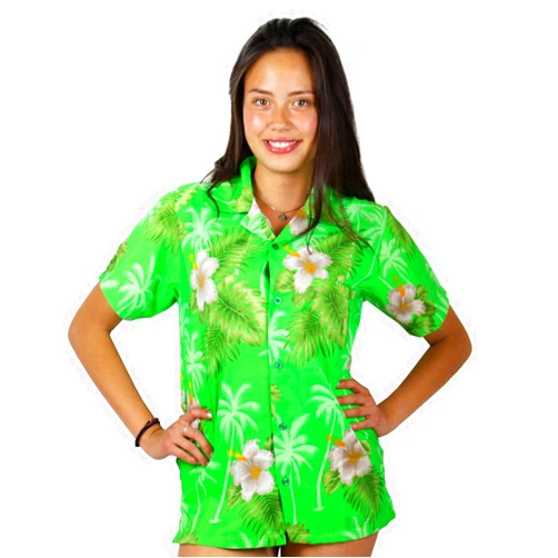 V.H.O. Funky Hawaiian Shirt Blouse Women Shortsleeve Frontpocket Hawaiian-Print Leaves Flowers Allover Unisex